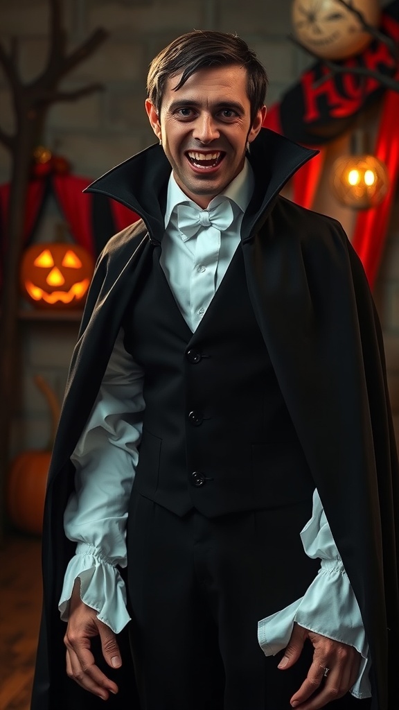 A man dressed in a classic vampire costume with a cape and ruffled shirt, smiling in a Halloween-themed setting.