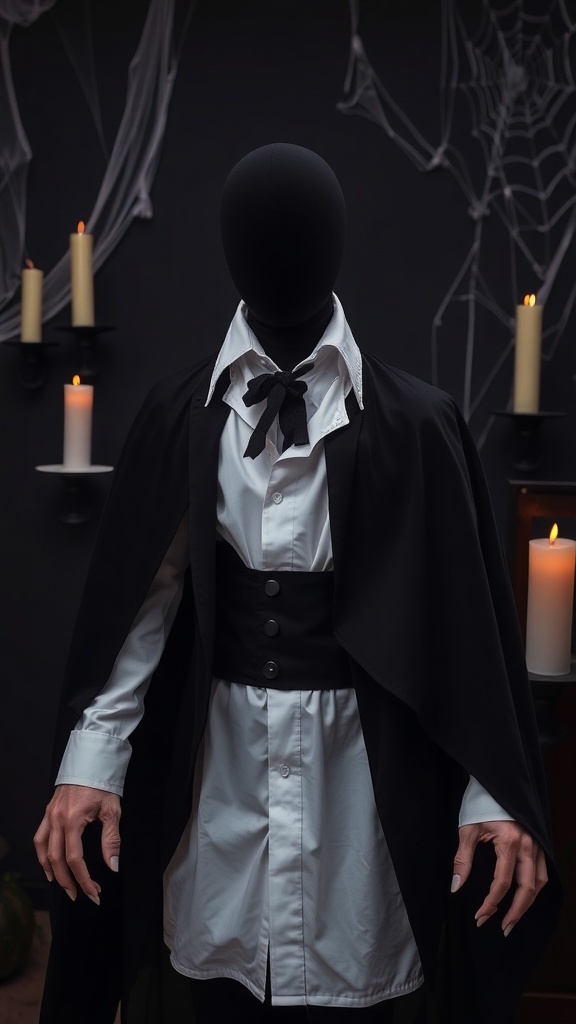A mannequin dressed in a classic vampire outfit with a black cape and white shirt, set against a spooky background.