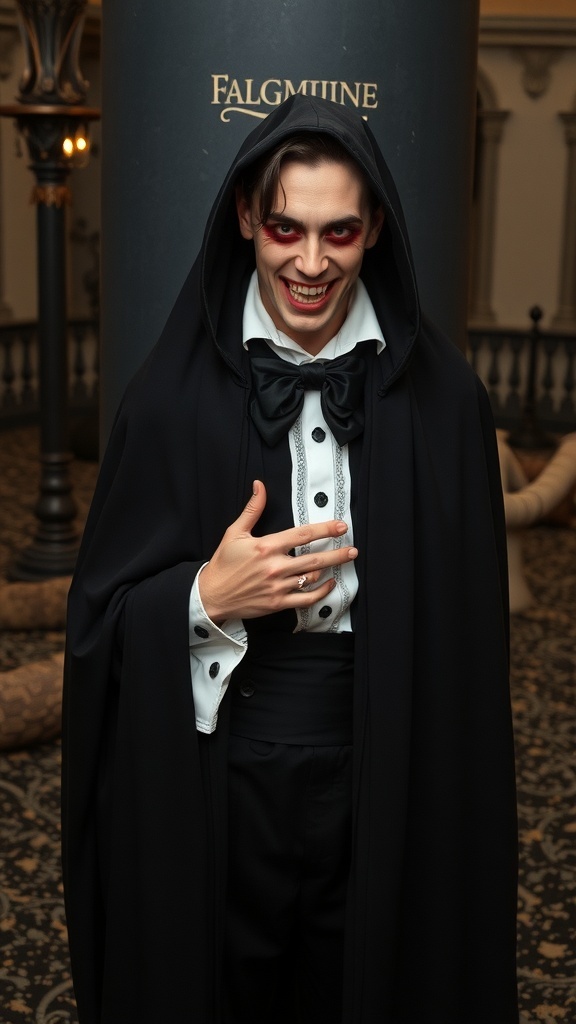 A person dressed in a classic vampire costume with a black cape, white shirt, and dramatic makeup.