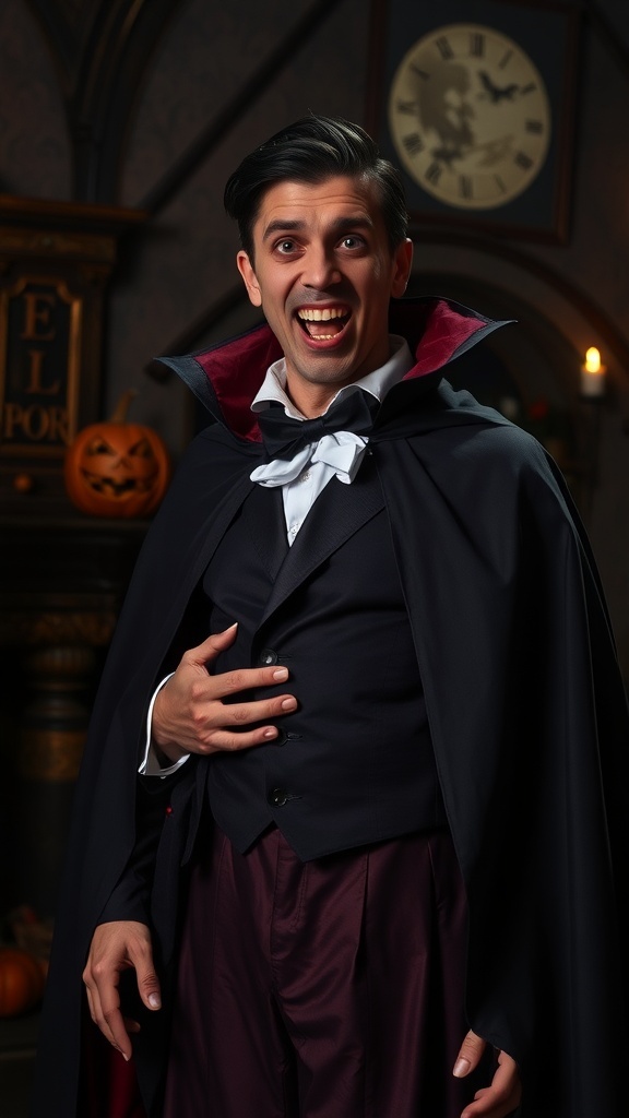 A person in a classic vampire costume with a black cape and tuxedo, smiling in a spooky setting.