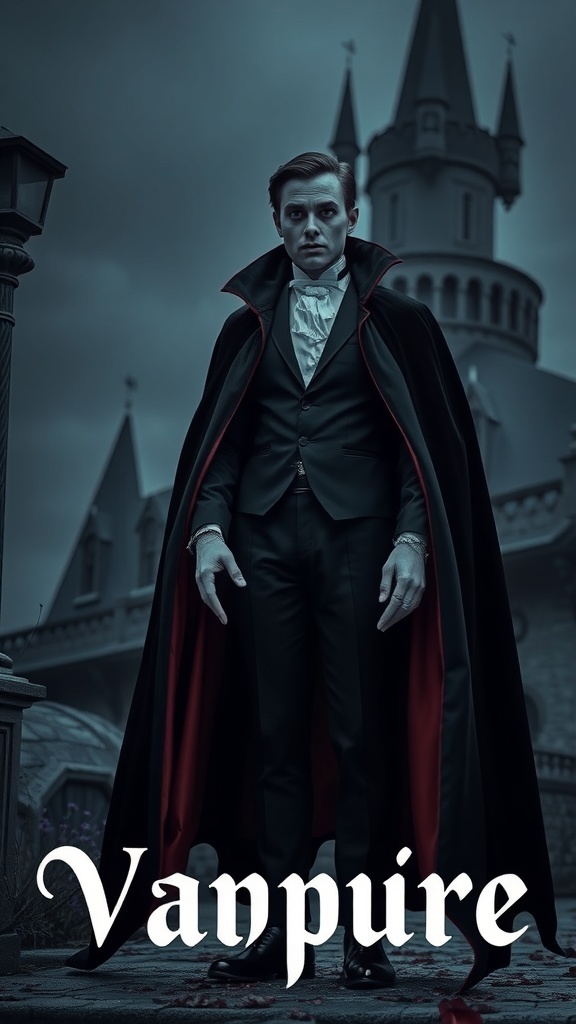 A classic vampire look featuring a man in a dark cape and suit, standing in front of a castle.