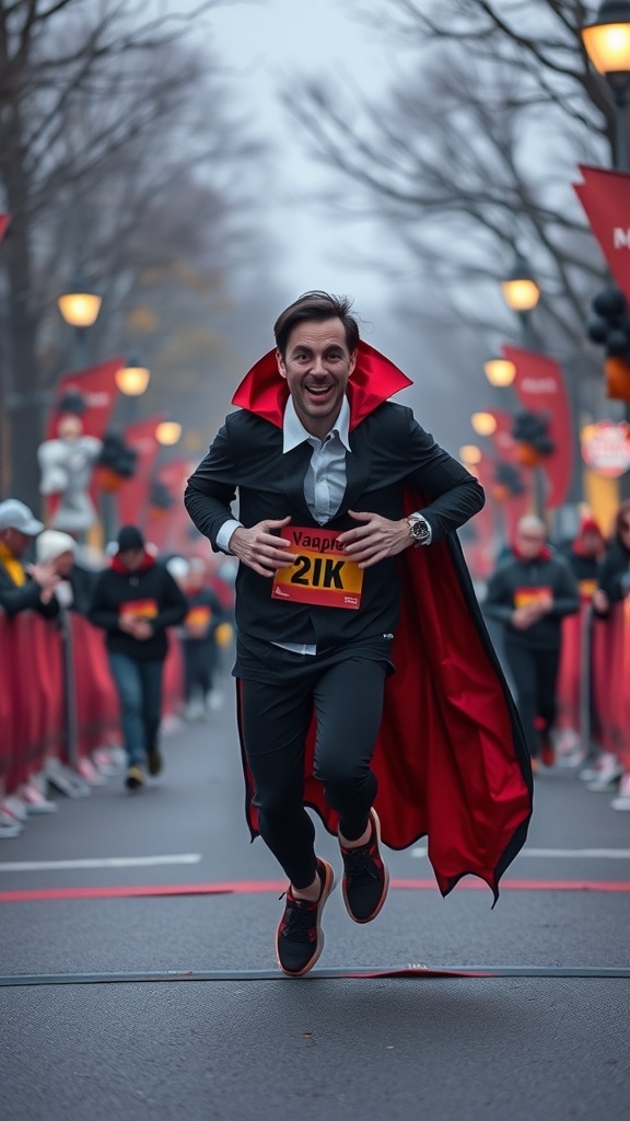 A runner dressed as a vampire with a red cape and black outfit, smiling while participating in a Halloween-themed 5K run.
