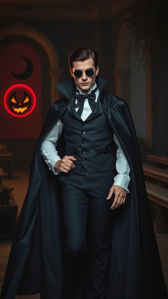 A stylish vampire costume featuring a black suit and cape, complemented by sunglasses, set against a spooky backdrop.