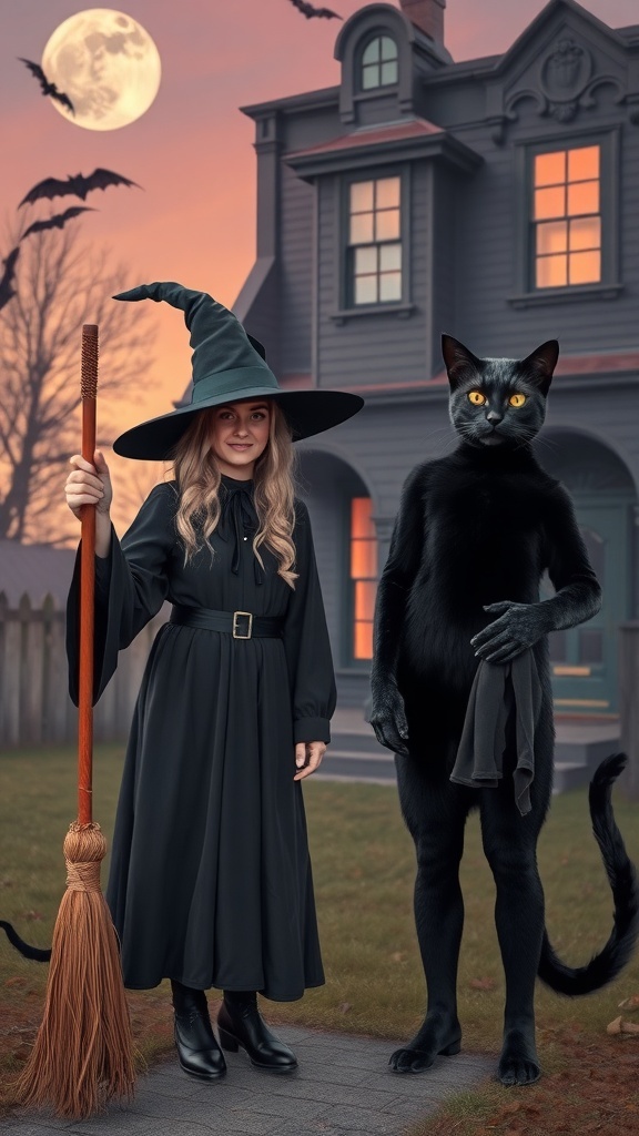 A witch with a broomstick and a black cat in front of a spooky house under a full moon.