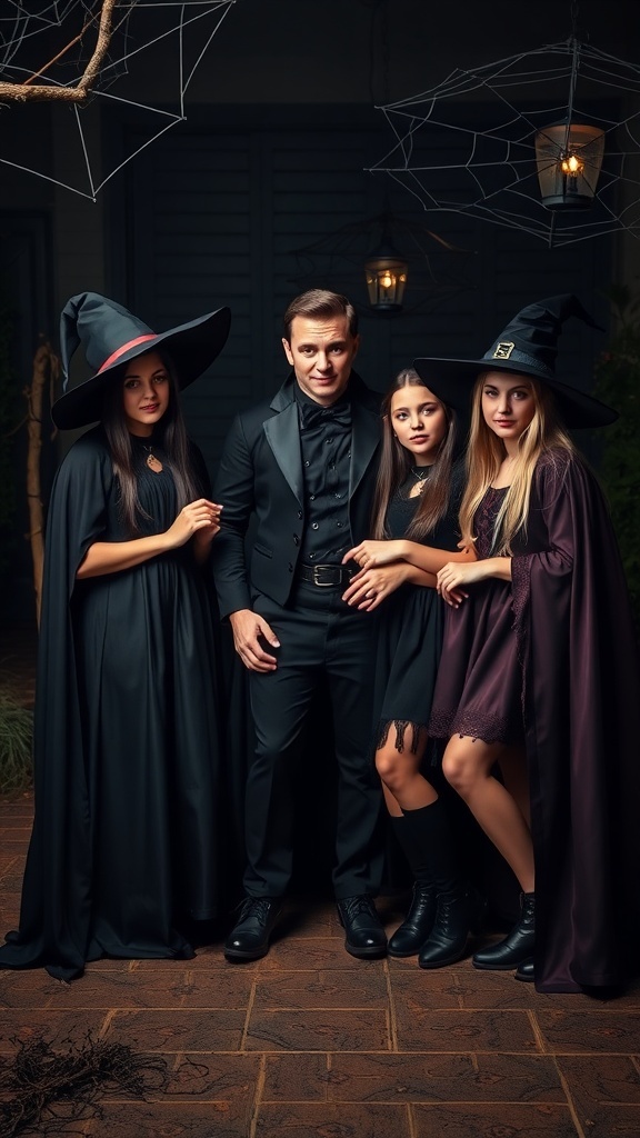 Three girls dressed as witches and one guy in a vampire costume, surrounded by cobwebs and lanterns.