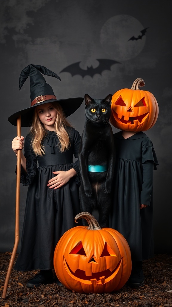 A classic witch, a black cat, and a carved pumpkin, embodying Halloween spirit.