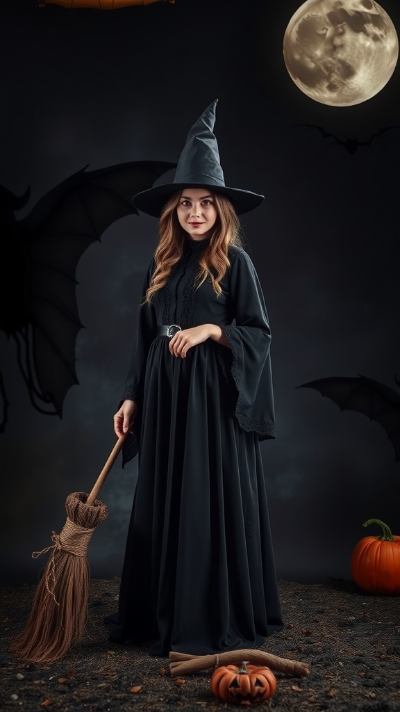 A woman dressed as a witch in a black dress and pointed hat, holding a broomstick, with a full moon and bats in the background.