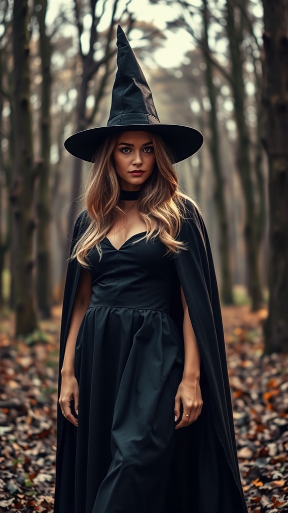 A woman in a classic witch costume with a black dress, cape, and pointed hat, standing in a forest.