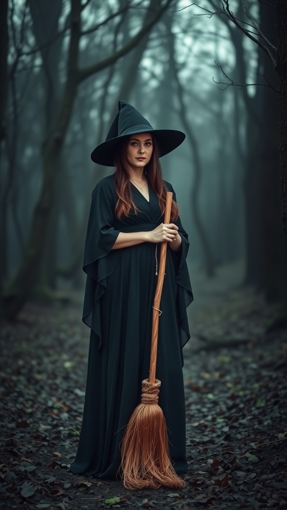 A woman dressed as a witch in a dark forest, wearing a black dress and a pointed hat, holding a broomstick.