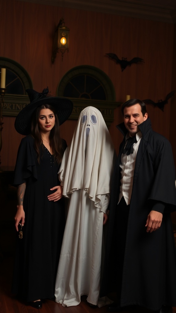 A witch, ghost, and vampire posing together in a Halloween setting.