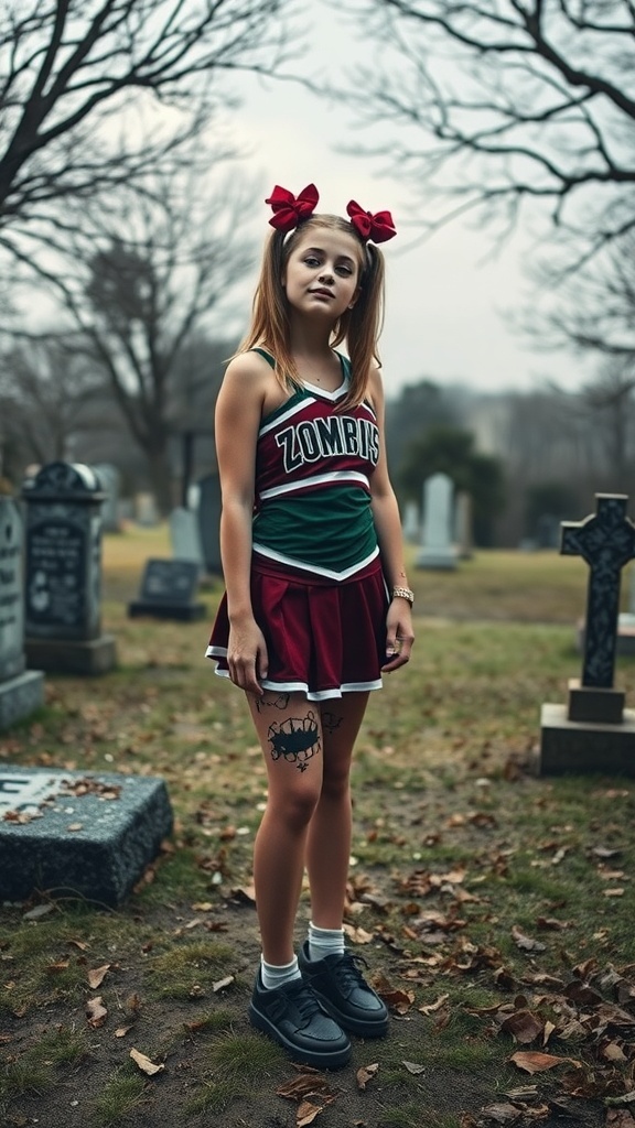 A teenage girl dressed as a zombie cheerleader in a graveyard.