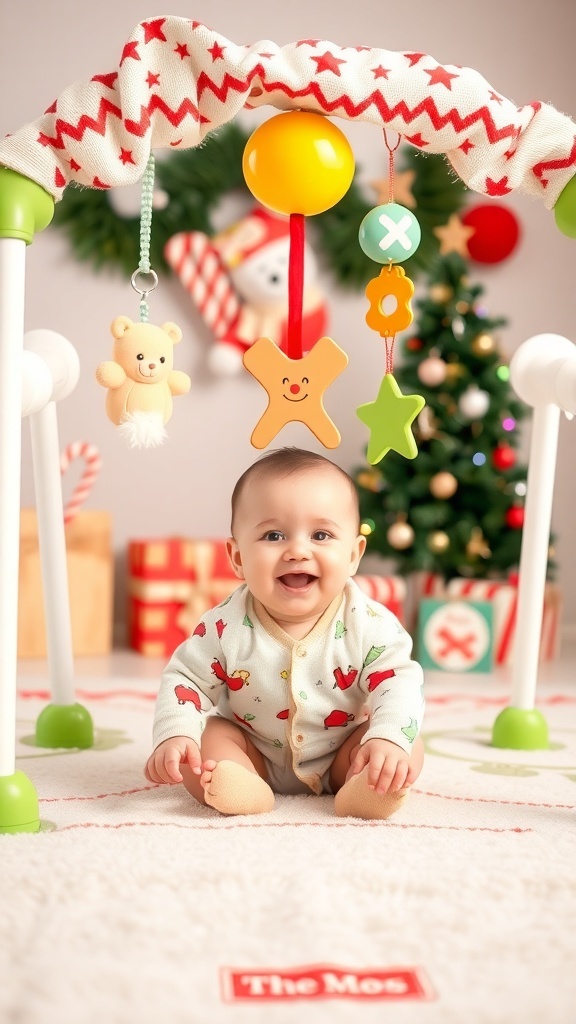 A happy baby sitting under a colorful activity gym with toys, surrounded by Christmas decorations.