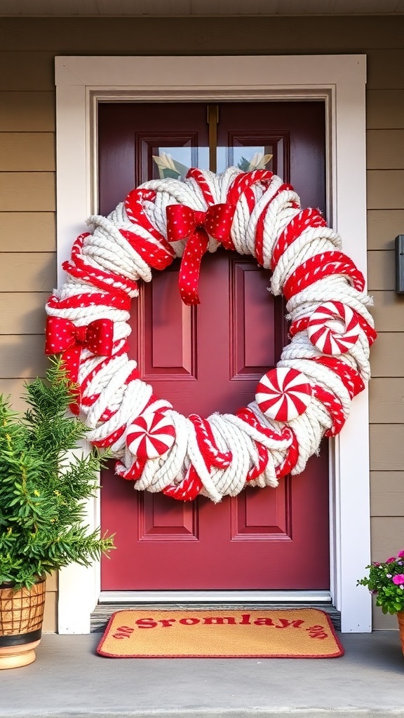 A colorful candy cane yarn wreath with red and white stripes, adorned with candy cane accents, hanging on a burgundy door.