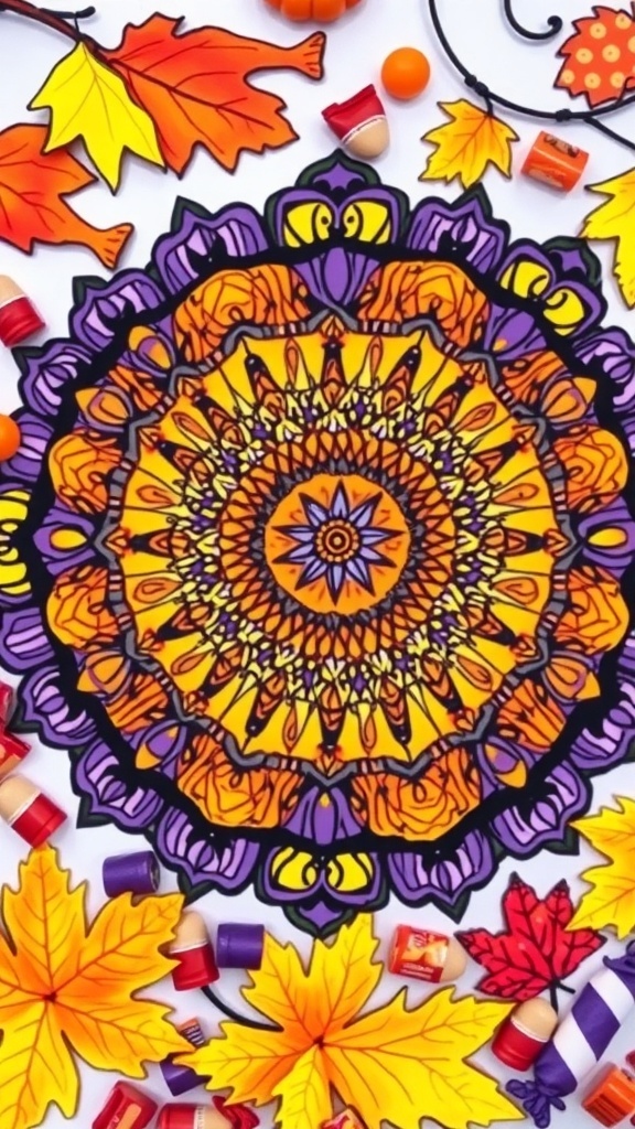 A colorful Halloween mandala surrounded by autumn leaves and candy.