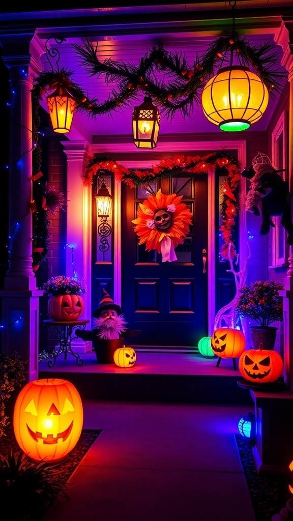 Colorful LED lanterns and Halloween decorations on a porch