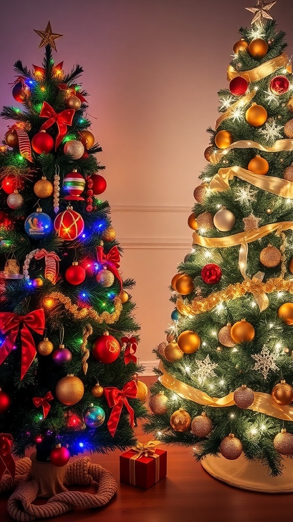 Two Christmas trees side by side, one with colorful lights and ornaments, and the other with golden decorations and ribbons.