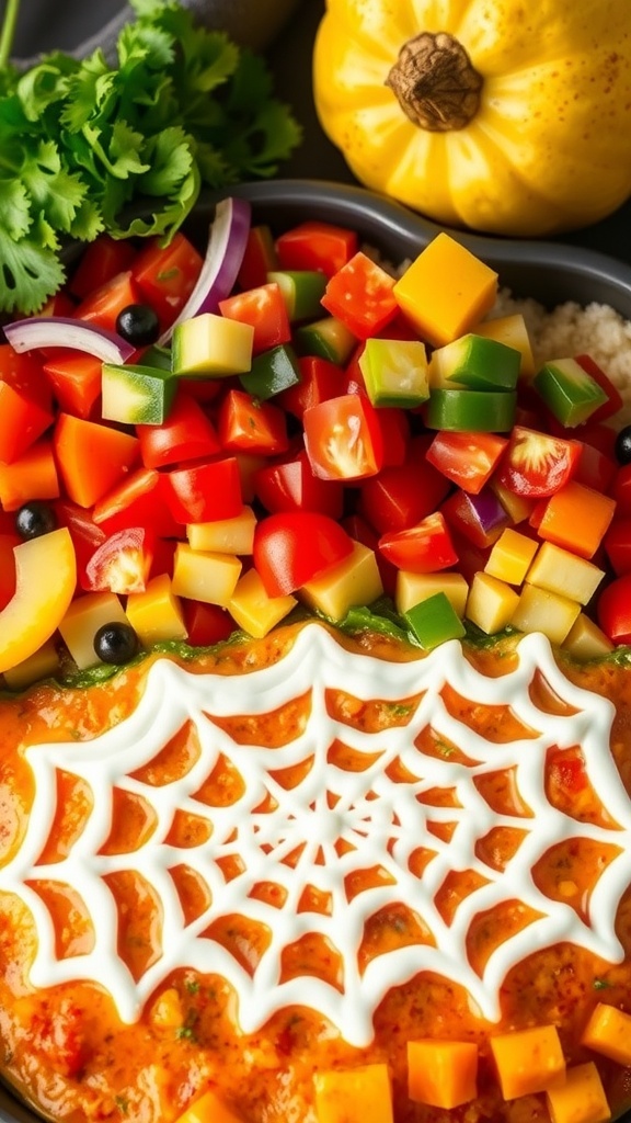 A colorful seven-layer dip with a sour cream spider web design, surrounded by fresh vegetables.