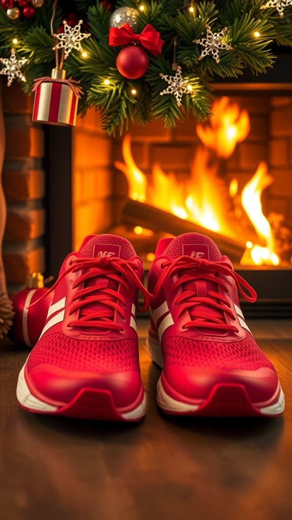 A pair of bright red running shoes placed in front of a fireplace, decorated for Christmas.