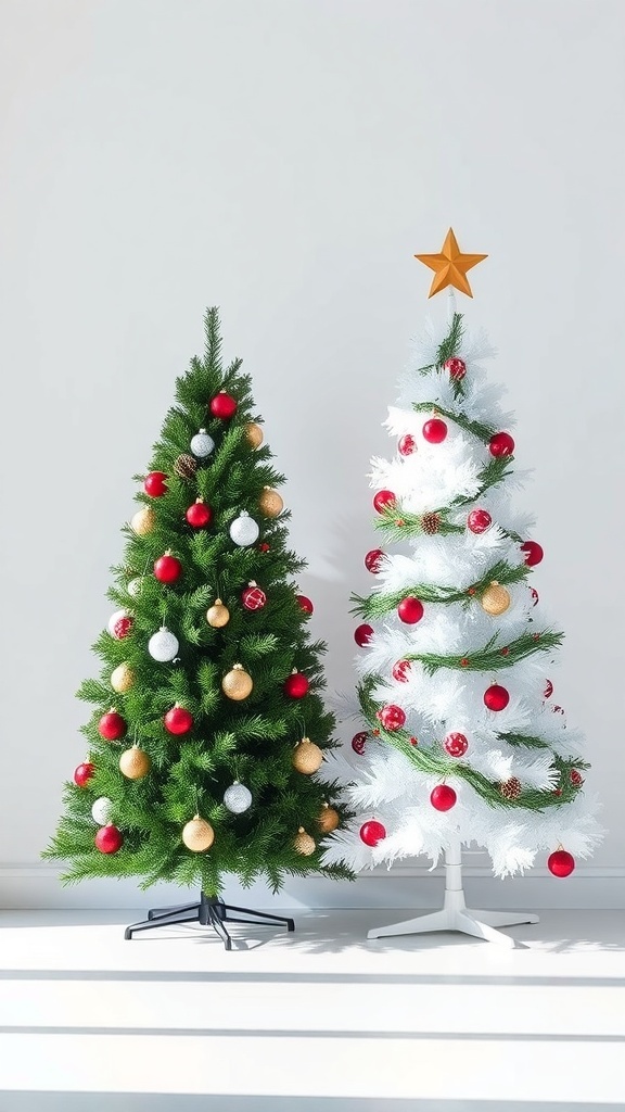 Two Christmas trees side by side: a green traditional tree with red and gold ornaments and a white modern tree with red decorations and a star on top.