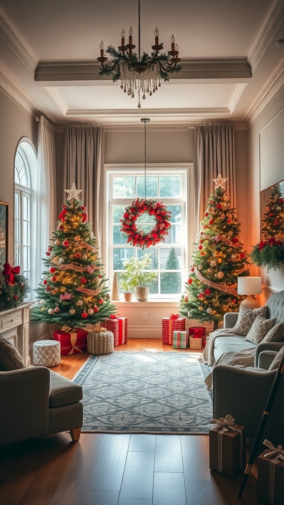 Two Christmas trees in a living room corner, decorated with ornaments and lights, surrounded by gifts.
