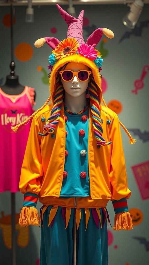 Cosa 1 costume featuring a bright orange jacket, blue shirt, colorful hat, and oversized sunglasses.