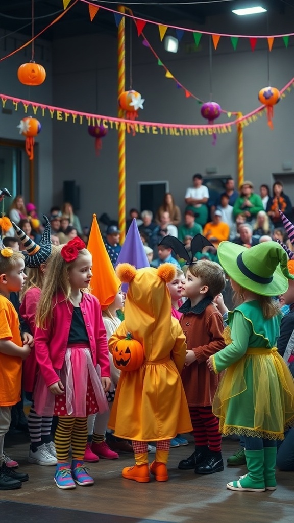 A group of children in colorful Halloween costumes at a party, surrounded by festive decorations.