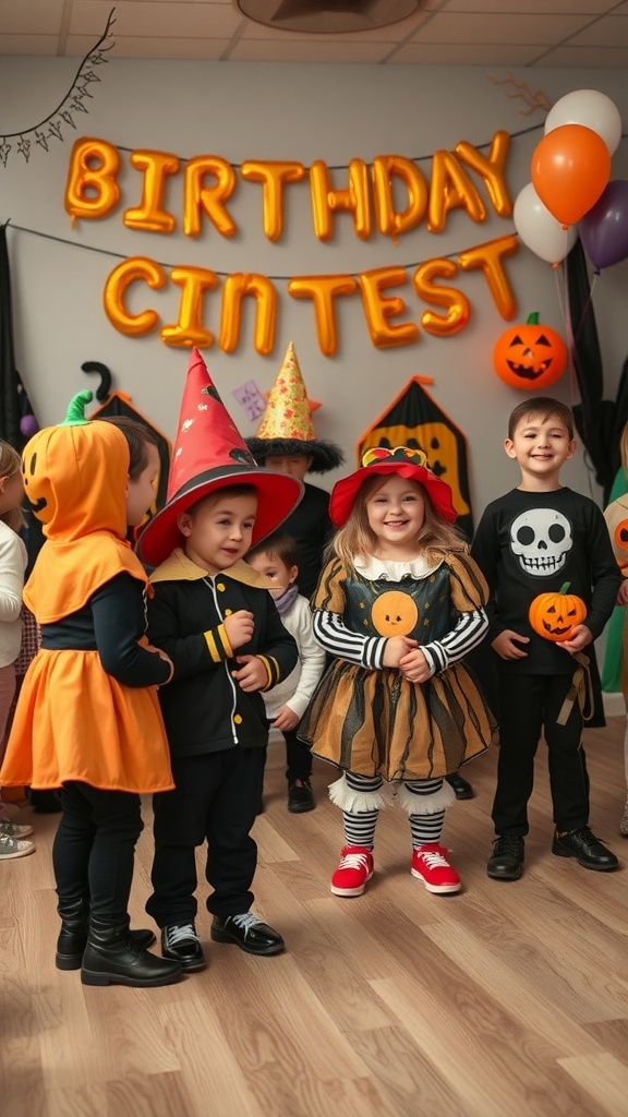 Children in Halloween costumes at a birthday party, excited for a costume contest.