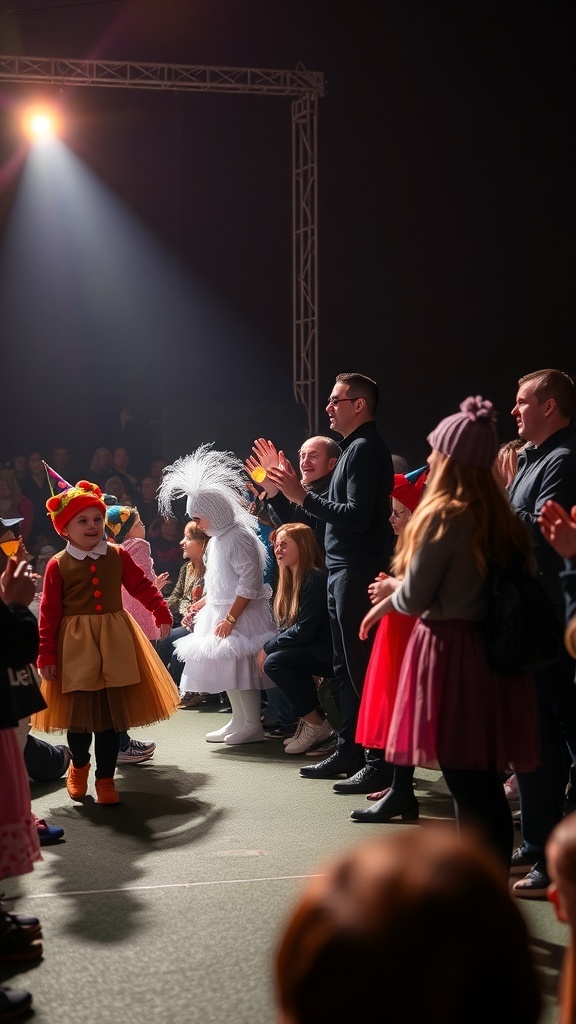 A lively costume contest with children in colorful outfits and an engaged audience clapping.