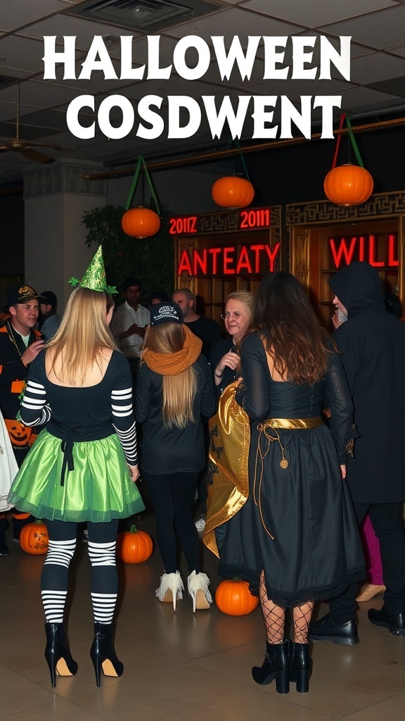 A group of people in Halloween costumes at a party, with pumpkins and decorations in the background.