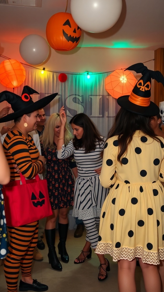 Guests at a Halloween baby shower wearing costumes, including witches and pumpkins, with festive decorations in the background.