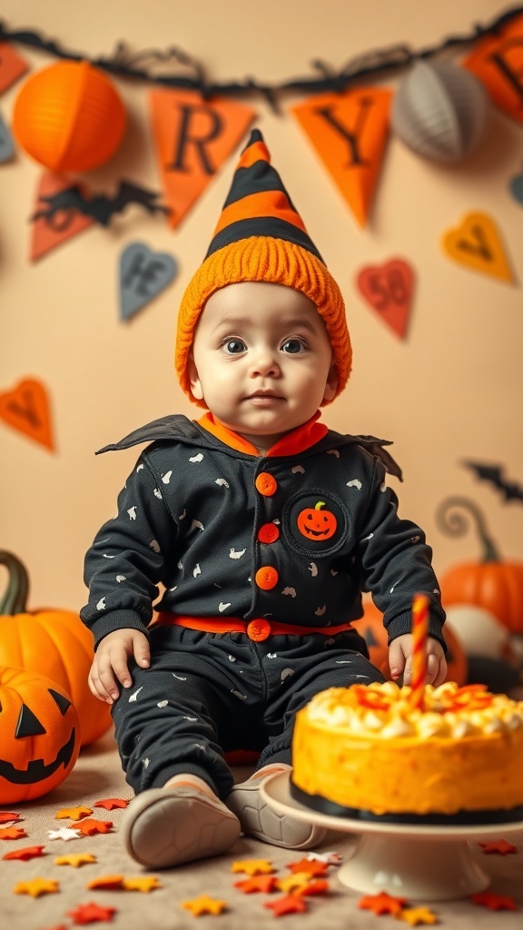 A baby in a Halloween costume with a pumpkin theme, sitting next to a cake and decorative pumpkins.