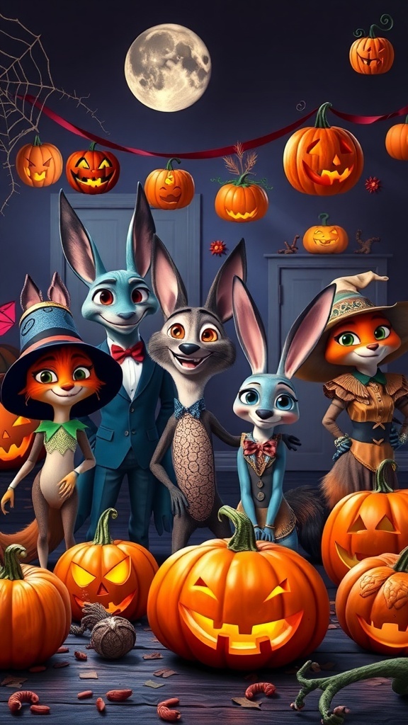 A group of animal characters from Zootopia dressed in Halloween costumes, surrounded by carved pumpkins and a full moon.