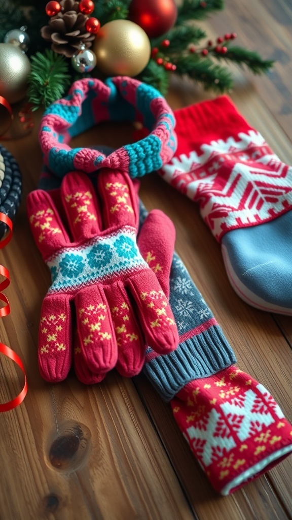 A collection of cozy winter accessories including gloves, a headband, and festive socks arranged on a wooden surface with holiday decorations.