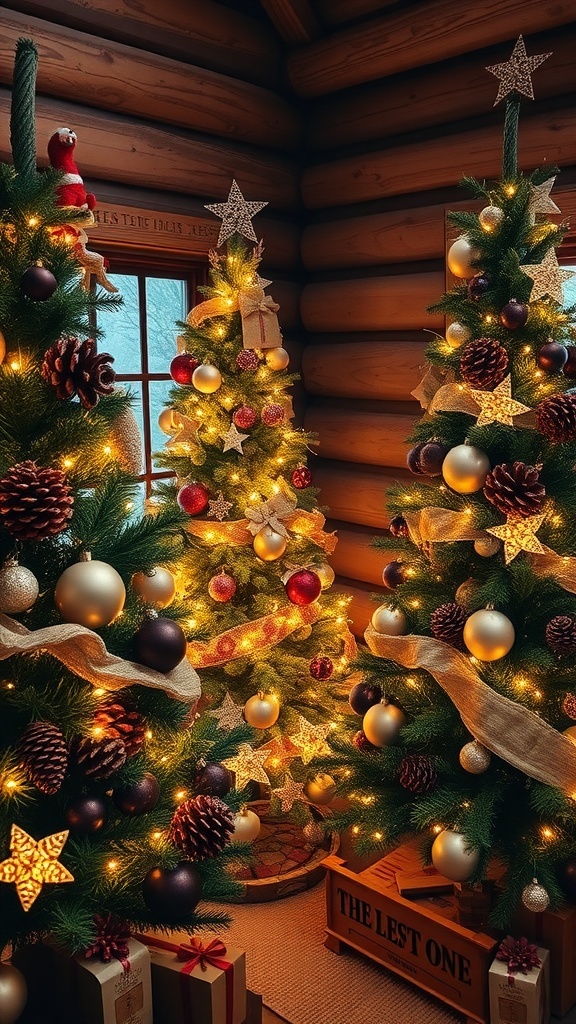 Three Christmas trees decorated with rustic ornaments and lights in a cozy cabin setting.