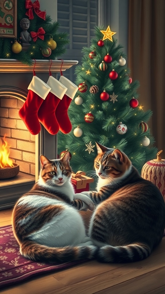 Two cats sitting by a Christmas tree and fireplace, with stockings hanging above.