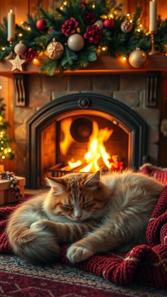 A fluffy cat sleeping on a blanket in front of a warm fireplace decorated for Christmas.