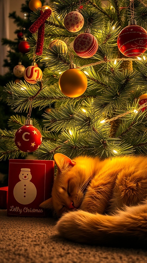 A fluffy orange cat sleeping peacefully under a decorated Christmas tree with colorful ornaments and a gift box.