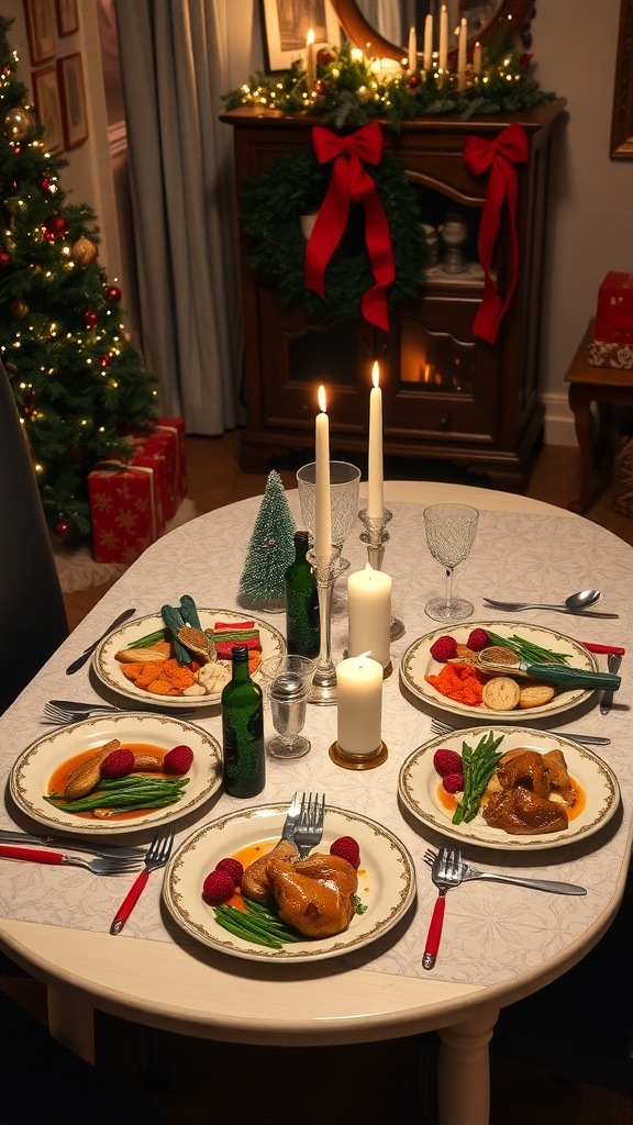 A cozy Christmas dinner table set for four, featuring delicious dishes, festive decorations, and a warm atmosphere.