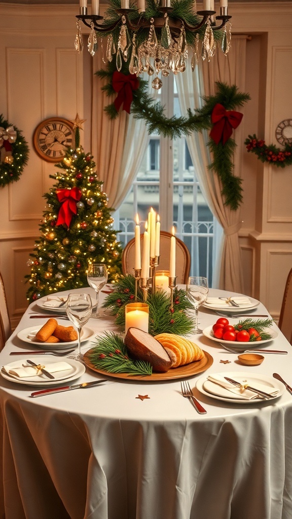 A beautifully set table for a Christmas dinner, featuring candles, bread, and festive decorations.