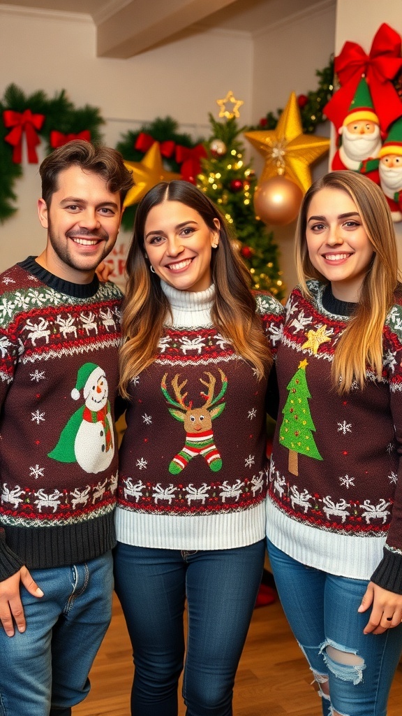 Four people wearing matching Christmas sweaters with festive designs, smiling in a decorated room.