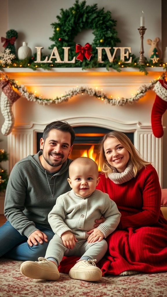 A family portrait by the fireplace during Christmas, featuring a baby and parents in cozy outfits.