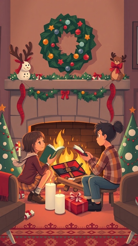 Two children reading books by a fireplace decorated for Christmas, with a tree and gifts nearby.
