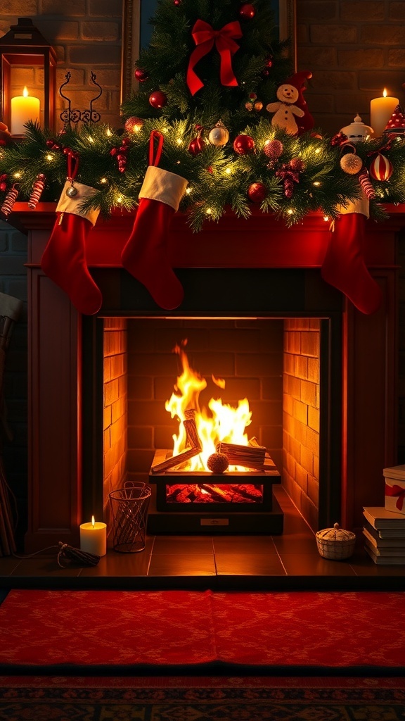 A cozy fireplace decorated for Christmas with stockings, a garland, and a warm fire.