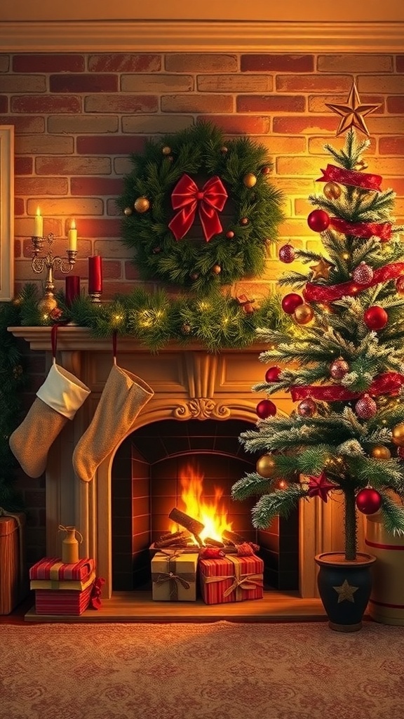 A cozy fireplace setting with a decorated Christmas tree, stockings, and festive decorations.