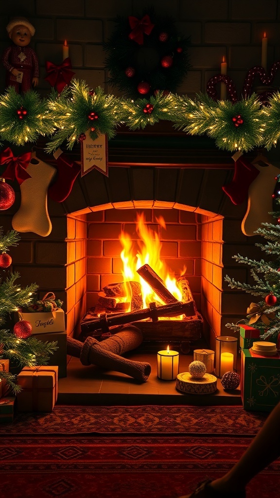 A cozy fireplace decorated for the holidays with stockings, a wreath, and colorful presents.