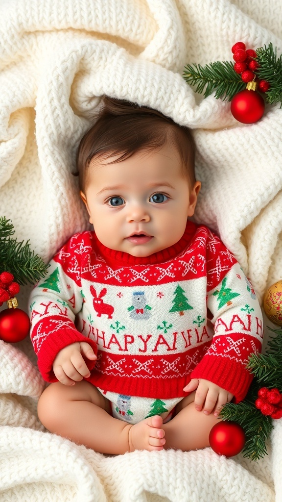 A six-month-old baby in a festive red holiday sweater, surrounded by a cozy white blanket and Christmas decorations.