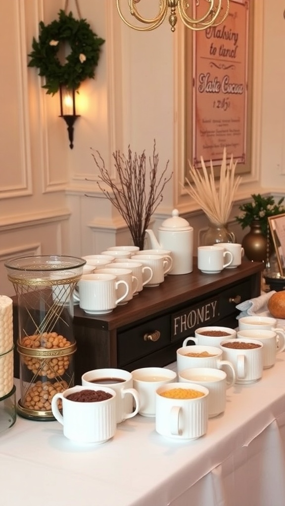 A beautifully arranged hot cocoa bar with mugs, toppings, and festive decorations.