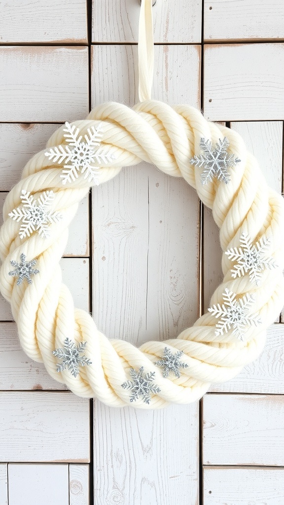 A cozy winter white yarn wreath decorated with silver snowflakes, hanging against a wooden background.