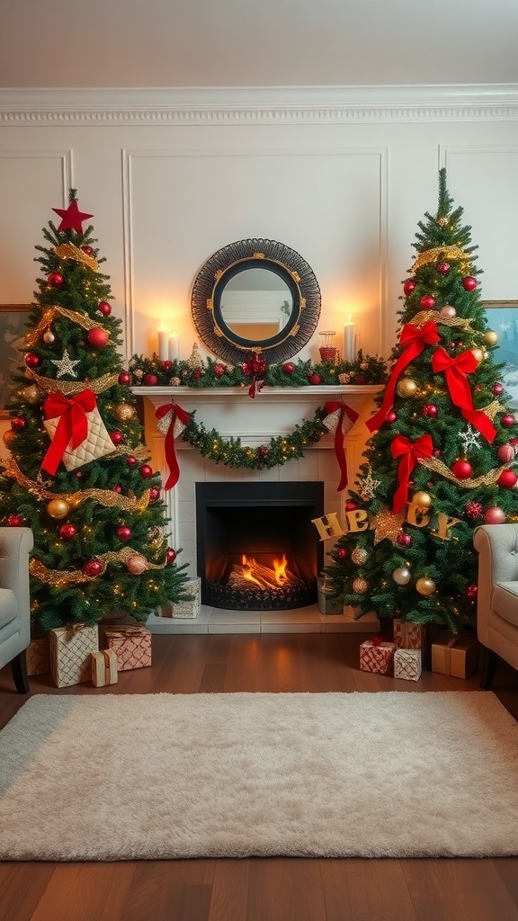 Two Christmas trees decorated with ornaments and ribbons beside a fireplace, creating a festive atmosphere.