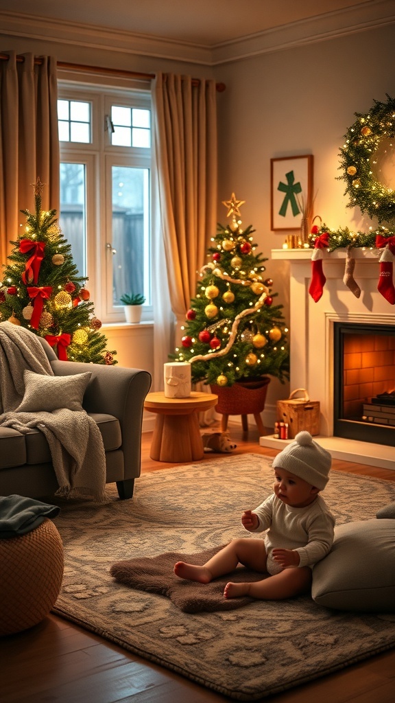 A cozy living room decorated for Christmas with two trees, a fireplace, and an 8-month-old baby sitting on a rug.